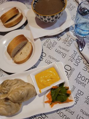 Champignon Soup, MoMo balls at Vegan Mount in Barcelona