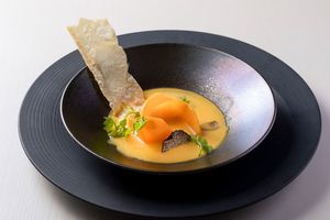 Butternut squash veloué, ITALIAN fresh truffle flavor MIYAGINO-YUBA fritter with SENDAI JAPANESE parsley at Symphony in Sendai