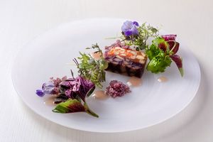 MARUSEN FARM tomato juice and MIYAGI white soy bean YAMAMOTO wild grape terrine, marinated quinua with maitake mushroom  at Symphony in Sendai