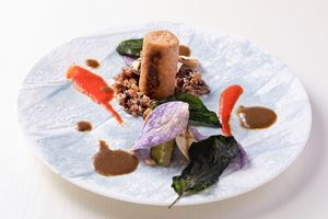 Roasted omni meat and WAKUYA tofu
TAGAJYO ancient rice 「SHIRONOMURASAKI」and matsutake mushroom risotto grilled shallot with FUNAGATA mushroom sauce at Symphony in Sendai