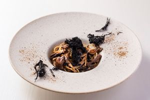 SENDAI bend leek and HIGASHIMATUSHIMA dried seaweed MIYAGI white soy pasta with porcini flavor at Symphony in Sendai