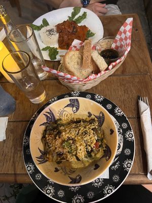 Vegan Lasagne and (not vegan) Maki-Maki fish dish  at Santas Iguanas in Sayulita