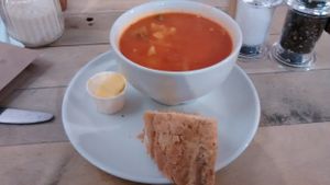 Soup, dry bread and butter. at Pillars of Hercules Organic Farm Shop and Cafe in Falkland