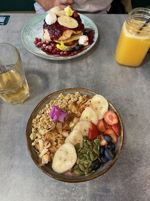 Vegan acai bowl, vegetarian pancakes  at Brunch Club in Funchal