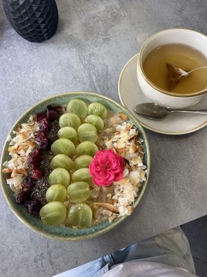 Overnight oats and lemon ginger tea   at Brunch Club in Funchal