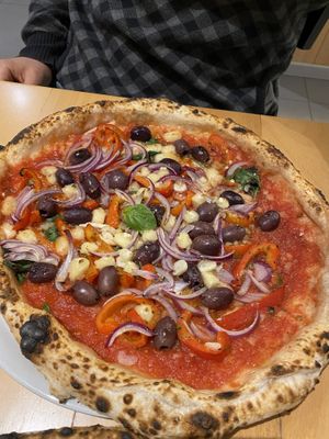 Marinara with vegan cheese, olives, red pepper & onions  at Pizzeria Lume in Funchal
