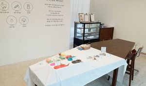 interior of location - view towards display table and counter #Veganuary at Vegan Pet Food - 비견 in Seoul