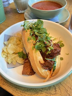 Jackfruit hot dog and tomato soup  at De Koffiepot in Midsland