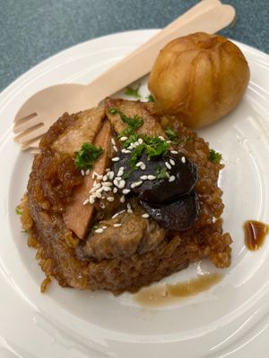 Mock chicken sticky rice and dumpling  at HeartFood in Hobart