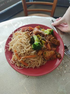 Noodles and soy chunks at HeartFood in Hobart