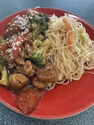 Gluten free- mushrooms with soy nuggets and noodles. This is the small serving and it was plenty for me for lunch   at HeartFood in Hobart