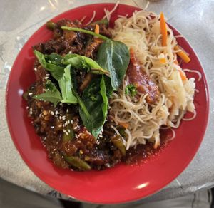 Spiced Chili with noodles  at HeartFood in Hobart