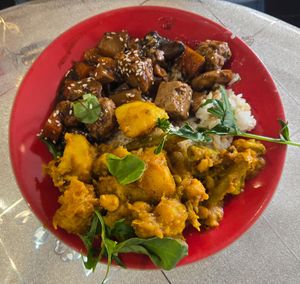 Pumpkin, potato chickpea and mushroom soy nuggets  at HeartFood in Hobart