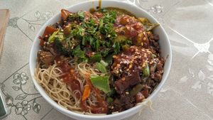 Noodles and 3 plates from the daily menu at HeartFood in Hobart