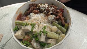 Rice and 2 plates from the daily menu at HeartFood in Hobart