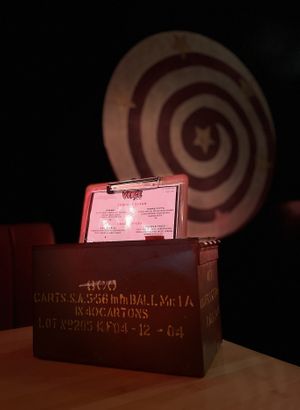 Menus in ammo boxes with cool decor  at V-EDGE in Middlesbrough