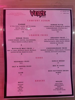 Menu - Comfort, Fries and Sides  at V-EDGE in Middlesbrough