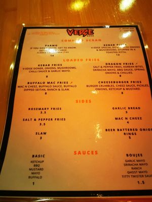 Menu at V-EDGE in Middlesbrough