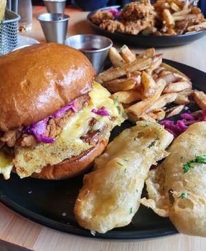 Phat stacks burger & Frickles. Strip Threes in the background. at V-EDGE in Middlesbrough