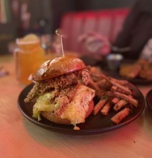 Phat Stacks Smash Burger - Brioche bun, cheezburger, onions, BBQ sauce, 2 huge chkn strips and cheez sauce. Bangin with a pound of fries    at V-EDGE in Middlesbrough