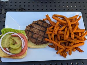 Impossible burger with sweet potato fries at Boardrider's in Luquillo