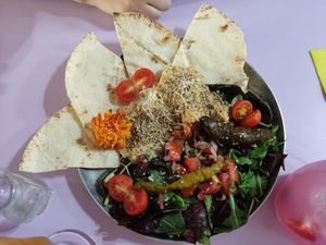 Hummus + baba ganoush with salad at Eixampeling in Barcelona