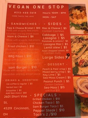 Menu  at Vegan One Stop  in Cincinnati