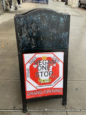 Sidewalk sign at Vegan One Stop  in Cincinnati