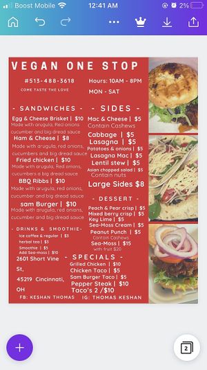 Menu at Vegan One Stop  in Cincinnati