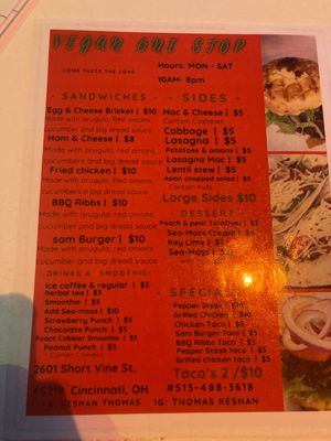 Menu at Vegan One Stop  in Cincinnati