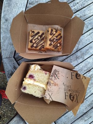 Fudge blondie and white chocolate vegan cakes at The Running Fox at Kirkharle in Newcastle Upon Tyne