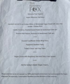 Vegan menu  at The Running Fox at Kirkharle in Newcastle Upon Tyne