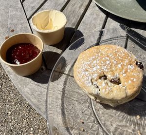 Home made scone with vegan spread and raspberry jam.   at The Running Fox at Kirkharle in Newcastle Upon Tyne