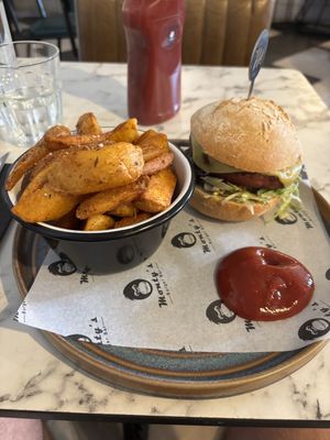 Bean burger with spicy fries   at Monty's Burger Bar in Bicester