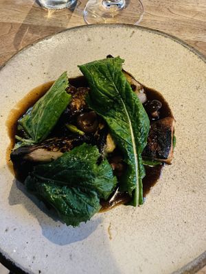 Charred turnip with lions mane steak  at Restaurant Nolla in Helsinki