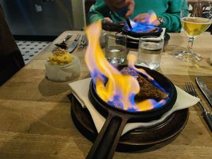 Flambéed buckwheat crepe extremely bitter  at Restaurant Nolla in Helsinki