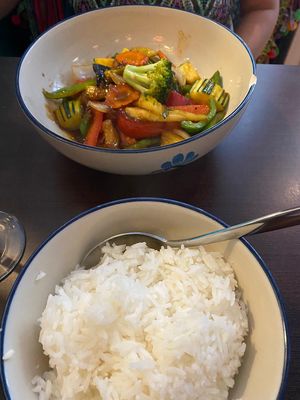 Fresh vegetables with pineapple in traditional Thai sauce.  at Petit Bangkok in Sitges
