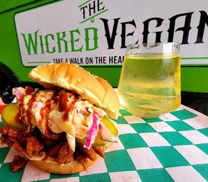 BBQ curl sandwich with slaw and pickles at The Wicked Vegans in Charlotte