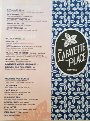 opening menu side 1 - smoothies, alcoholic & non-alcoholic drinks at The LaFayette Place in Milwaukee