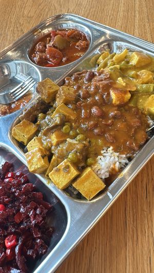 שני סוגים של טופו בתבשיל, שעועית, אורז   at Dhaba Beas in Hradec Kralove