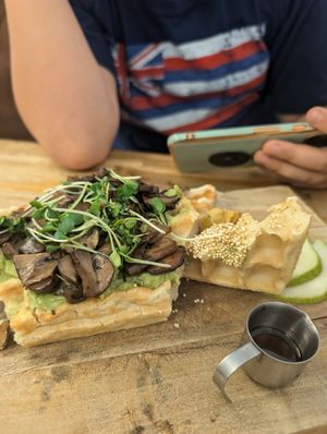 Savory waffle with mushrooms instead of cheese. at WIRR in Vienna