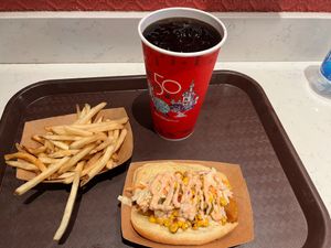 Vegan slaw dog with fries and a Diet Coke at Walt Disney World - Casey's Corner in Lake Buena Vista