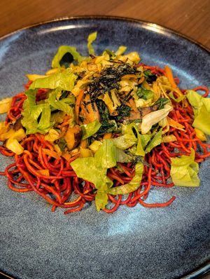 Red fragrant noodles no soy at Vegan Resort 啼岸 in Taipei