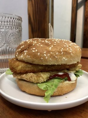 Vegan hash brown burger with bean curd patty and all the fixings  at Vegan Resort 啼岸 in Taipei
