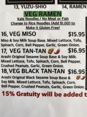 Veg menu  at Arashi Ramen in Canmore