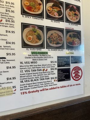 Menu  at Arashi Ramen in Canmore