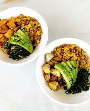 Our tofu scramble bowl served with your choice of baked potatoes or butternut squash. This one is gluten free and whole food plant based (no oil) at Ijuru Plant Bliss  in Kampala