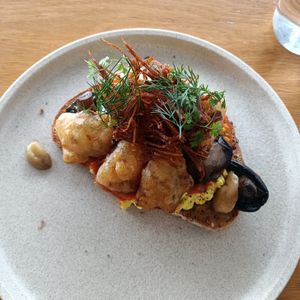 chilli tofu scramble ft burnt enoki crisp at Lorna Cafe in Ferntree Gully