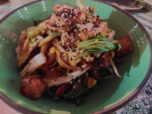 Noodles + tofu + veggies at Momoland in Gran Canaria