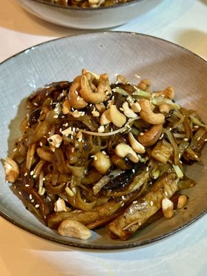 Heura and noodles with teriyaki sauce.  at Momoland in Gran Canaria